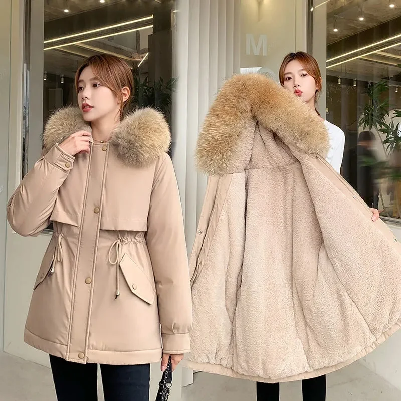 2024 Autumn Winter Parkas Coat New Women's Cotton-Padded Plush Warm Coat Women's Long Sleeve Zipper Hooded Drawstring Parkas