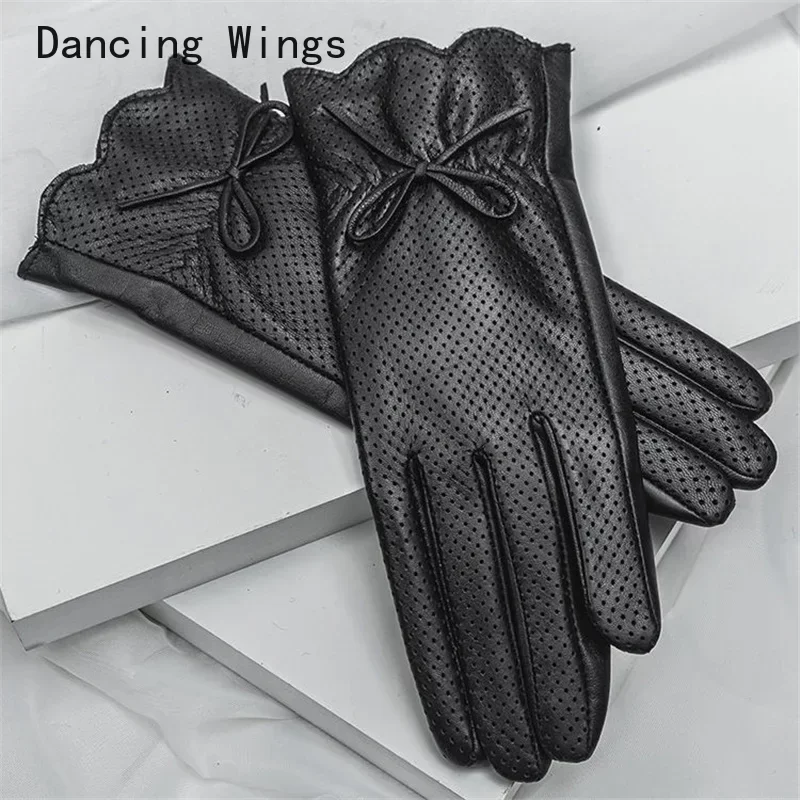 

Summer Driving Leather Sheepskin Gloves Female Touch Screen Thin Single Layer Unlined Ladies Black Motorcycle Riding