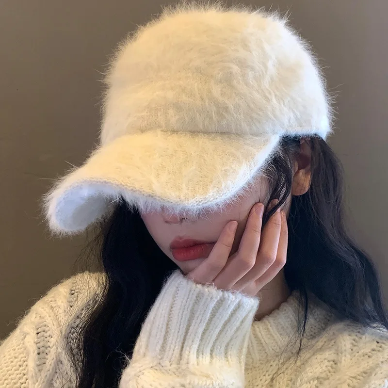 Winter Simple Solid Color Rabbit Fur Baseball Cap Outdoor Versatile Big Head Warm Plush Adjustable Curved Brim Hat for Women's