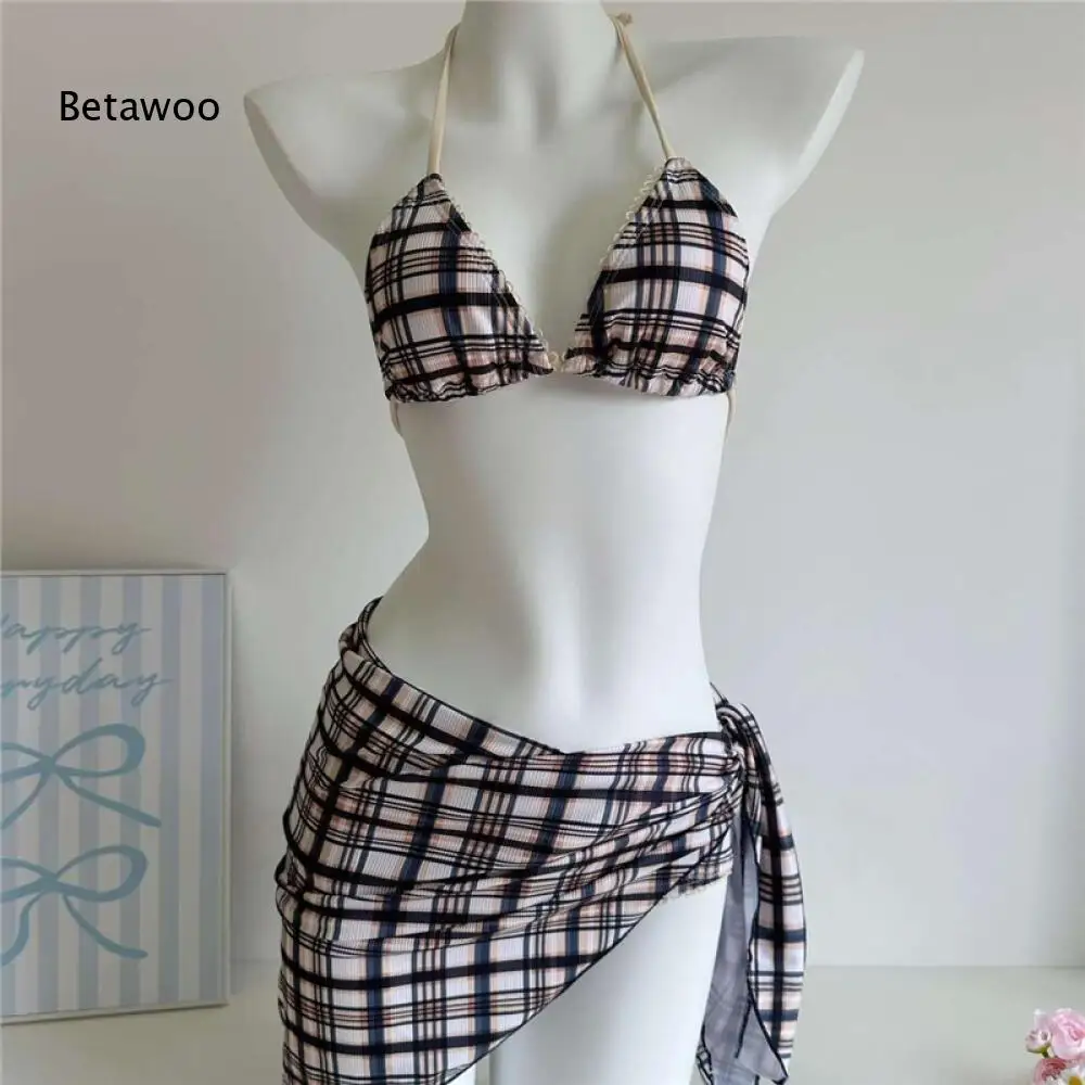 Classic Plaid Halter String Triangle Drawstring Bikini Bathing Suit