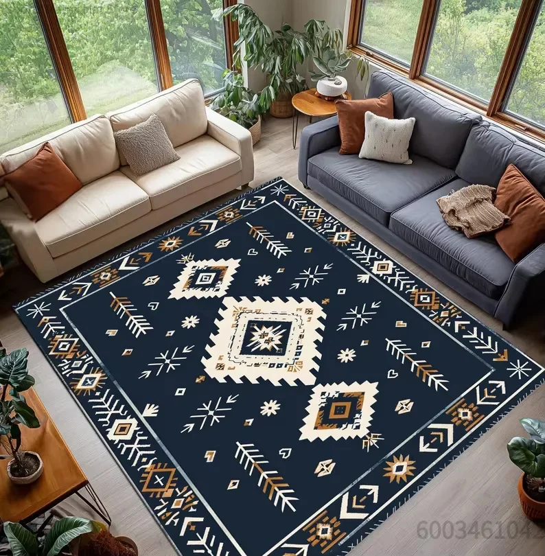 Indian Ethnic Pattern Area Rug, Vintage Bohemian Style Non‑Slip Floor Carpet Mat for Living Room Home Decoration