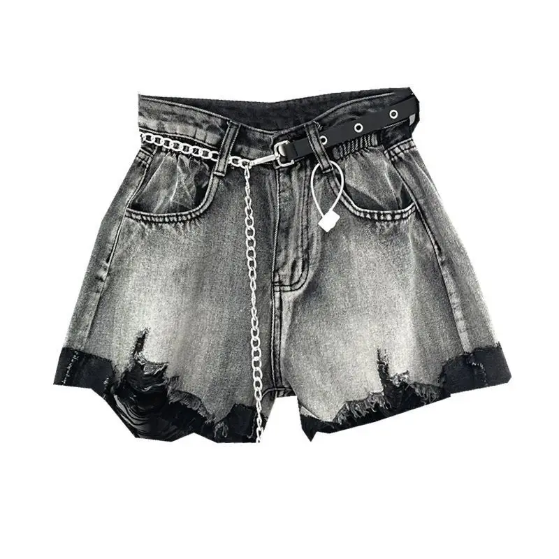 Smoke gray high waisted A-line denim shorts for women in the summer of 2024, thin cut with holes, loose fit, slimming