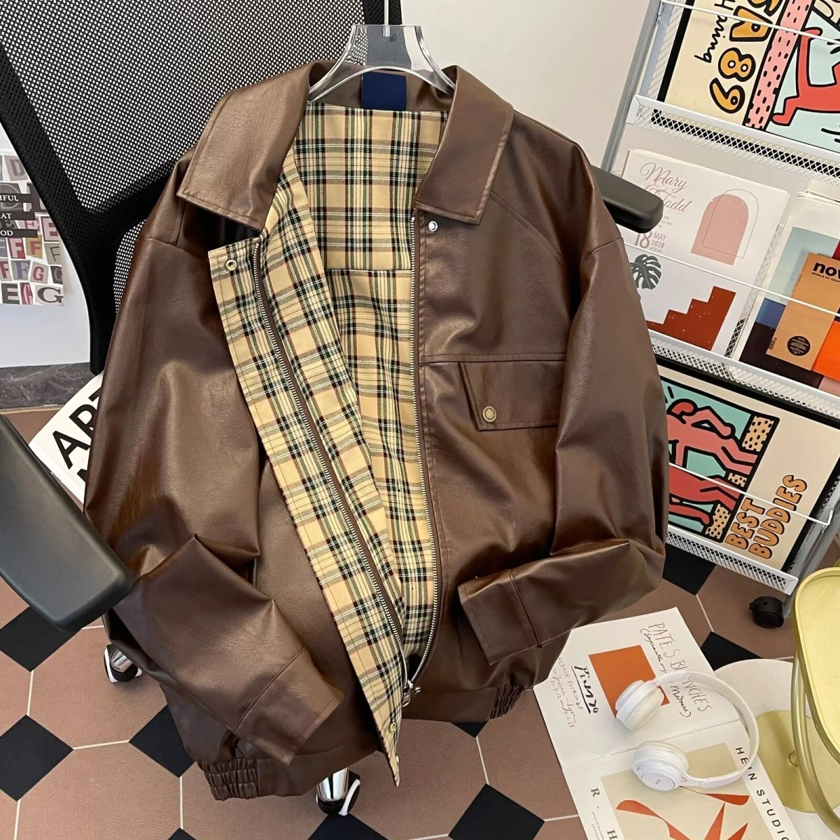 

Коричневая кожаная куртка унисекс свободного кроя в стиле ретро, американская мотоциклетная куртка, осенне-зимняя, приталенная, из искусственной кожи, молодежная модная модель