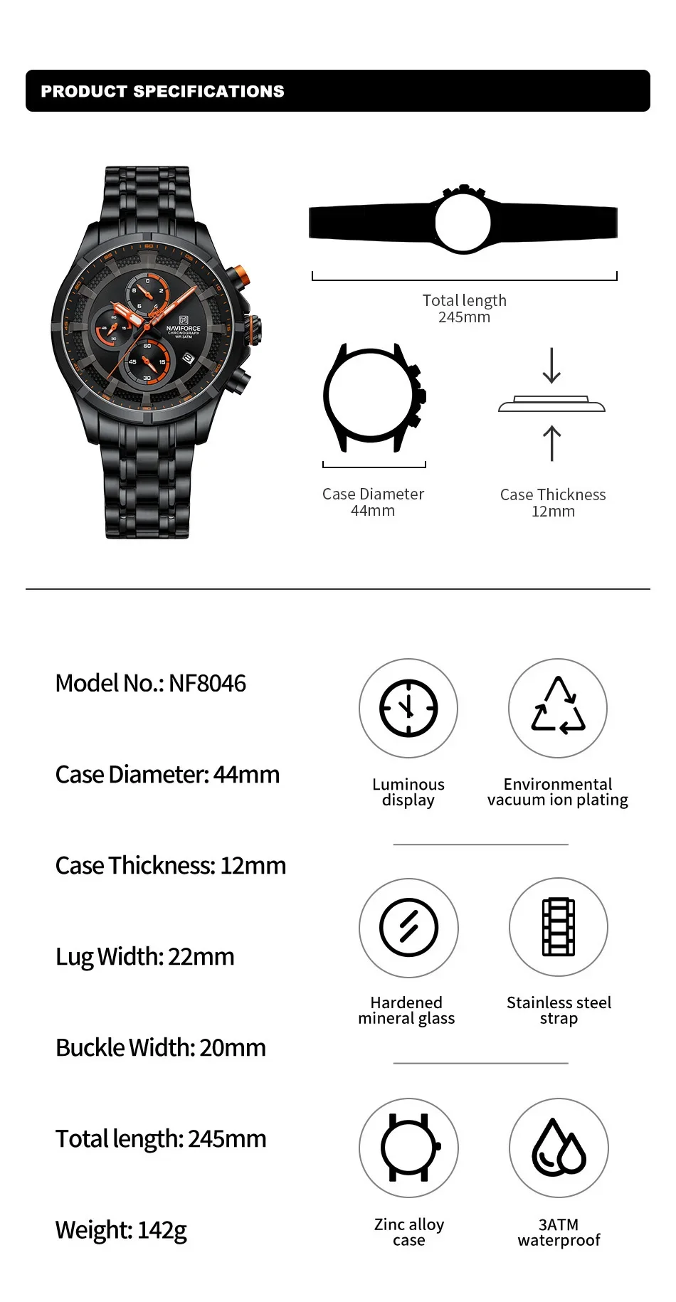 NAVIFORCE NF8046 Luxury Men Watch Waterproof Luminous Sport Stainless Steel Strap Date Quartz Wristwatch Chronograph Clock