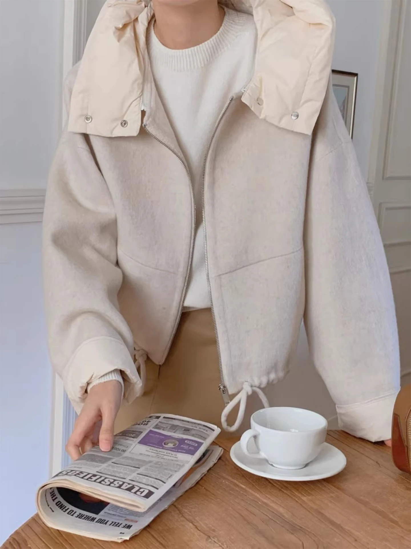 

Women's Winter Coat 2025 Casual Loose Fit Wool Blend Jaet with Hood Dstring Korean Sle Long Sve Zipper Closure