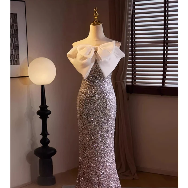 Bespok Occasion Dresses Gradient Sequins Gray Champagne Bow Strapless Mermaid Floor-length Plus size Women Evening Party Gown