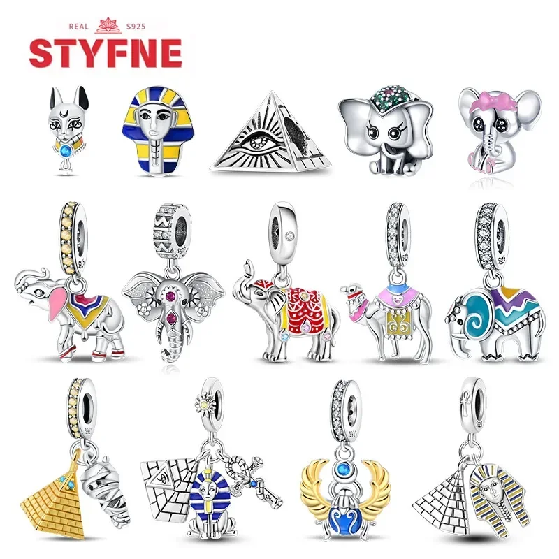 925 Sterling Silver Gold Pyramid Mummy Double Charm Elephant Beads For Bracelet Fine Jewelry Accessories for Women Diy Gifts