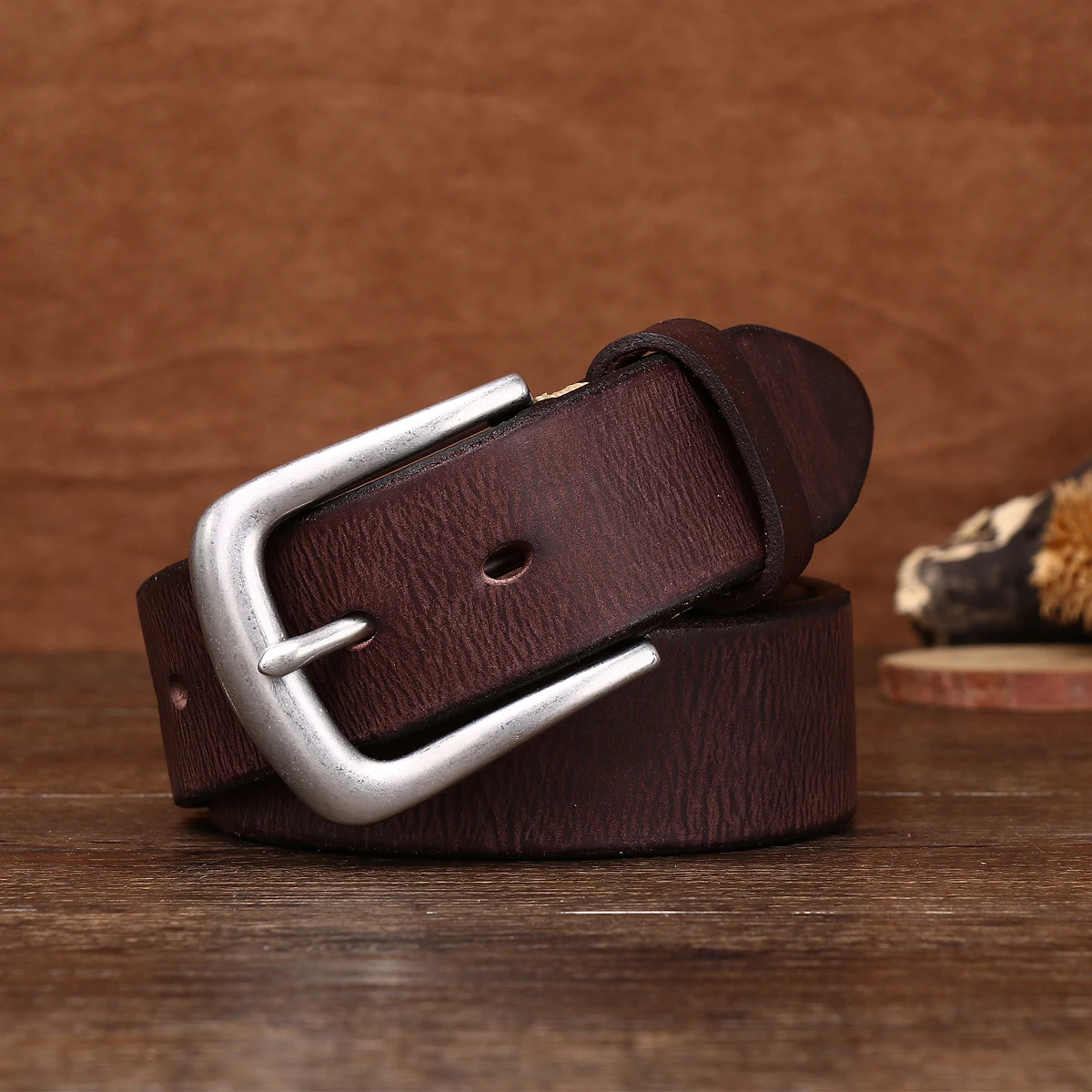 3.8CM Men's waist belt with vegetable tanned leather, thickened 5.0MM stainless steel buckle, hand polished, casual gift giving