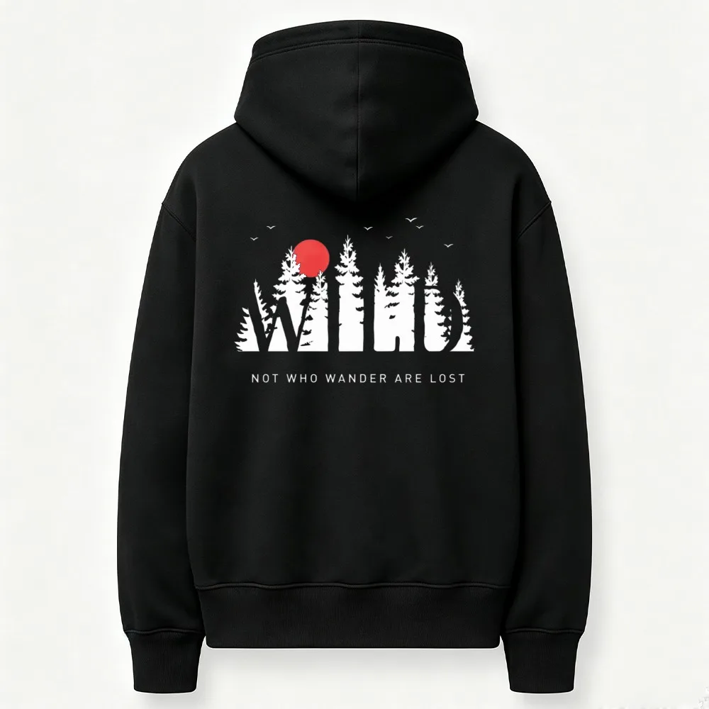 Wild Pine Tree Sunset Silhouette Graphic Hoodie Not Who Wander Are Lost Quote Print Sweatshirt Minimalist Forest Outdoor Tops