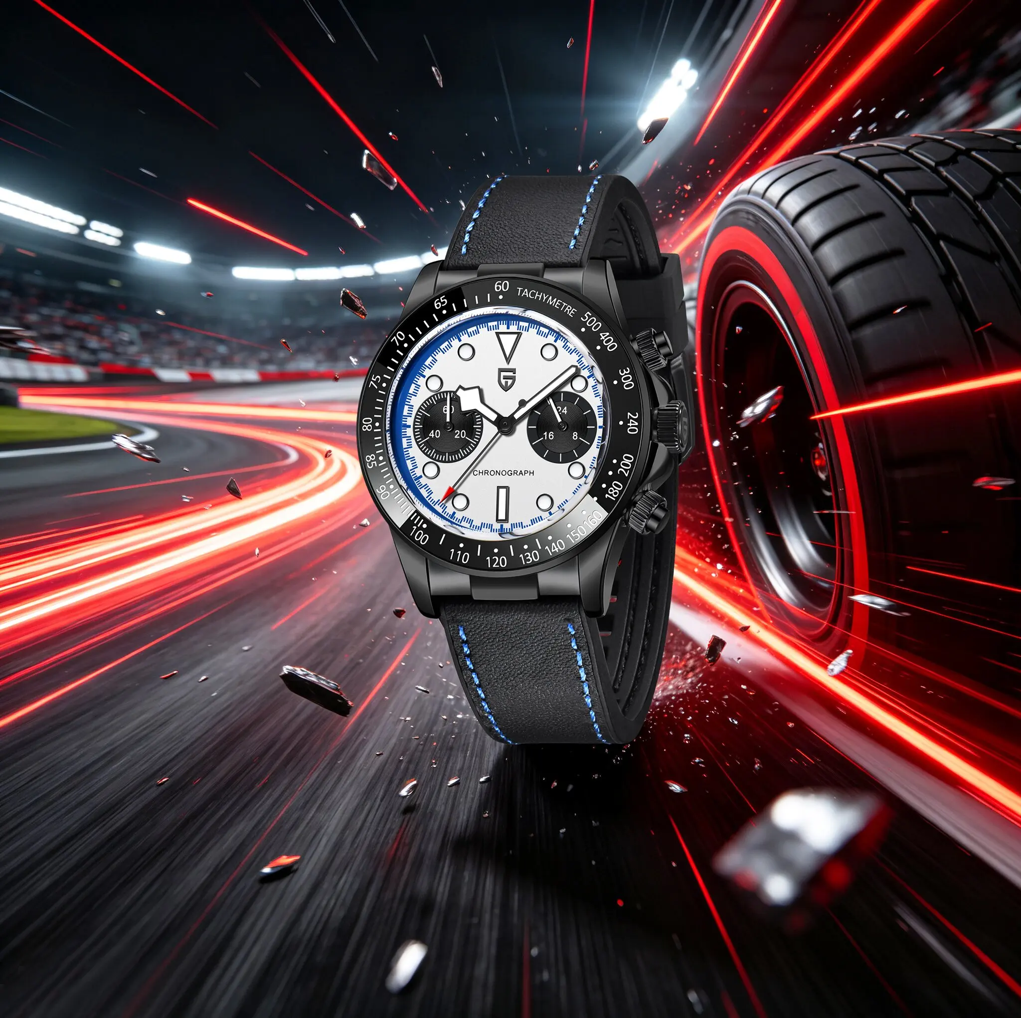 PAGANI DESIGN Mens Outdoor Sport Quartz Watches Panda Dial Rubber Strap Luminous Tachymeter Waterproof Racing Style Chronograph