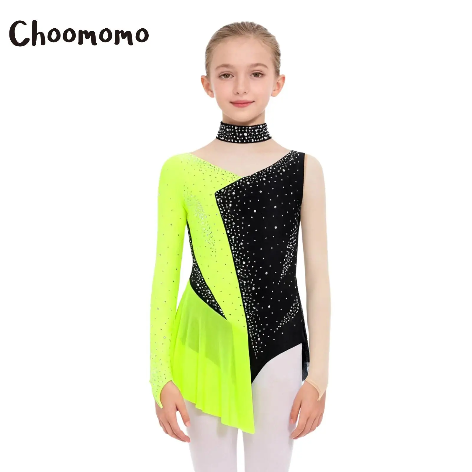 

Kids Girls Rhythmic Gymnastics Leotard Ballet Jersey Rhinestones Sheer Mesh Long Sleeve Bodysuit Figure Skating Dance Costume