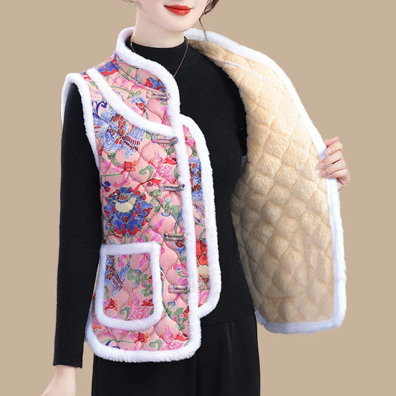 

Осень-зима 2022, теплый бархатный жилет для женщин среднего возраста, жилет в китайском стиле, толстая куртка с принтом, пальто