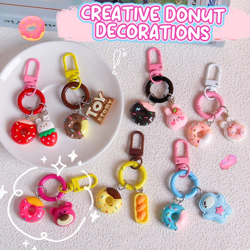 Cute Donut Keychain Bag Pendant Cartoon Colorful Donut Bread Bunny Strawberry Keyring Backpack Charms Car Earphone Decor Gifts