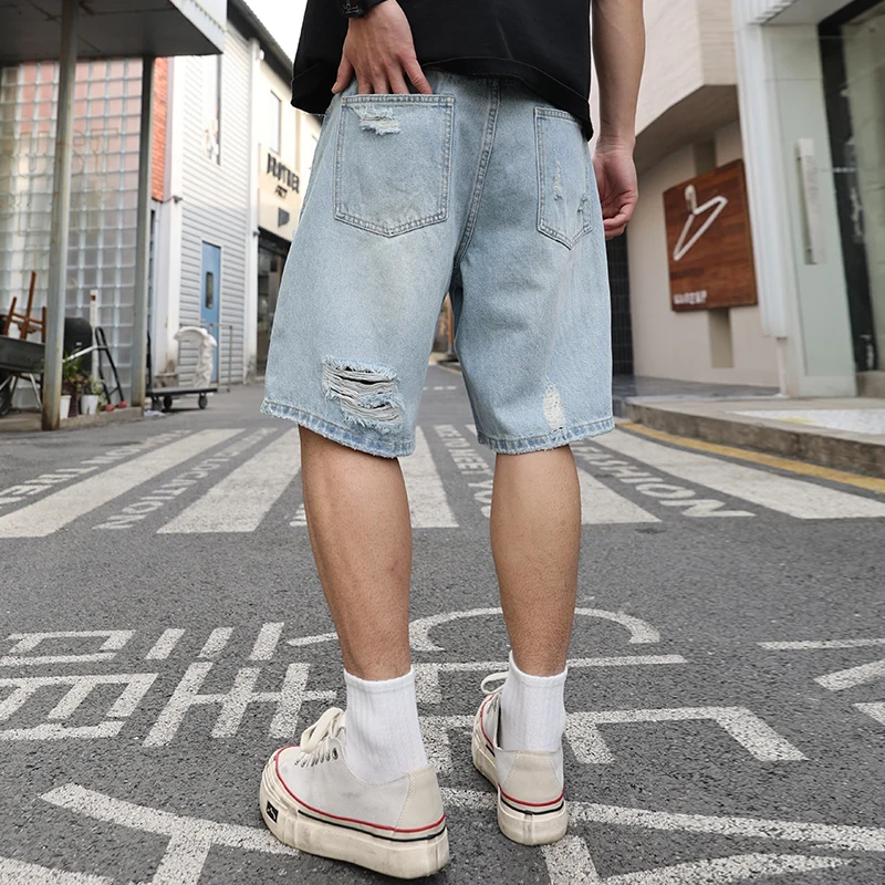 Ripped Denim Shorts for Men, Trendy Loose Casual Mid-Length Shorts, Summer Distressed American Style Washed Vintage Five-Point S