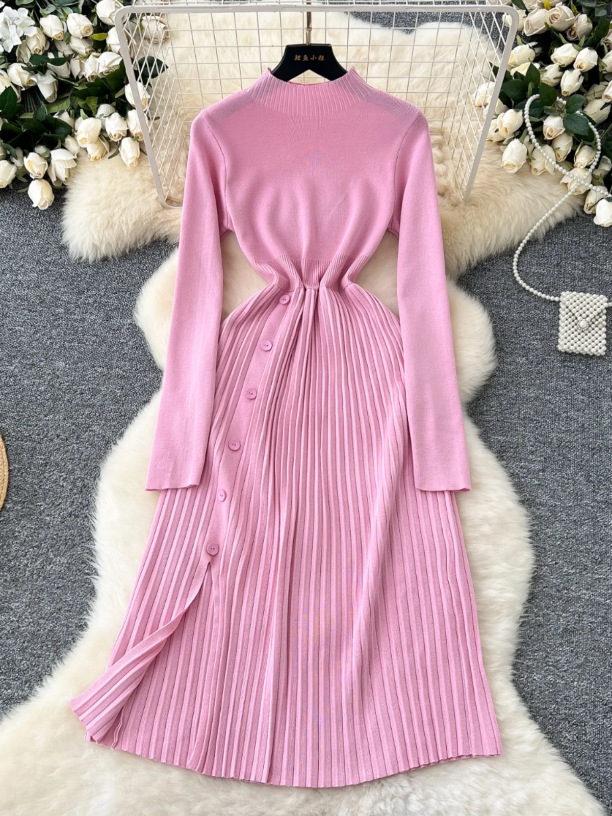 Gagaok Sweater Dress Women Slimming Temperament Button Design Pleated Dresses Elegant Gentle Knit Bottom Vestidos De Mujer