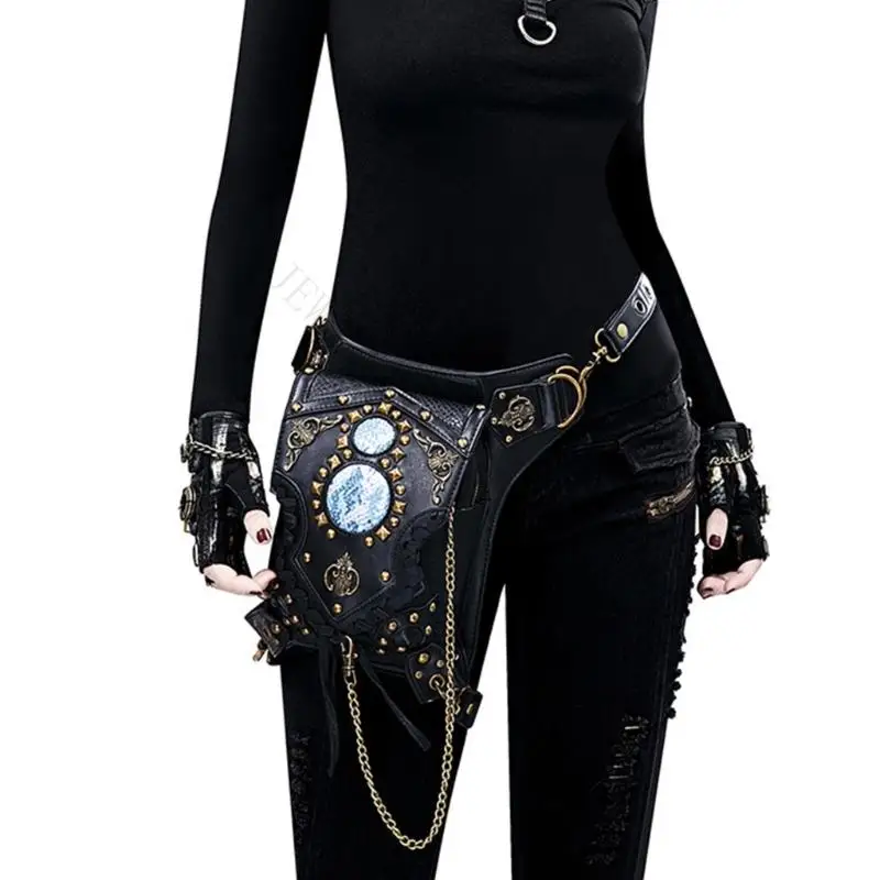 R7UF Steampunk Shoulder Bag With Chain Strap For Women Retro Crossbody Waist Pack