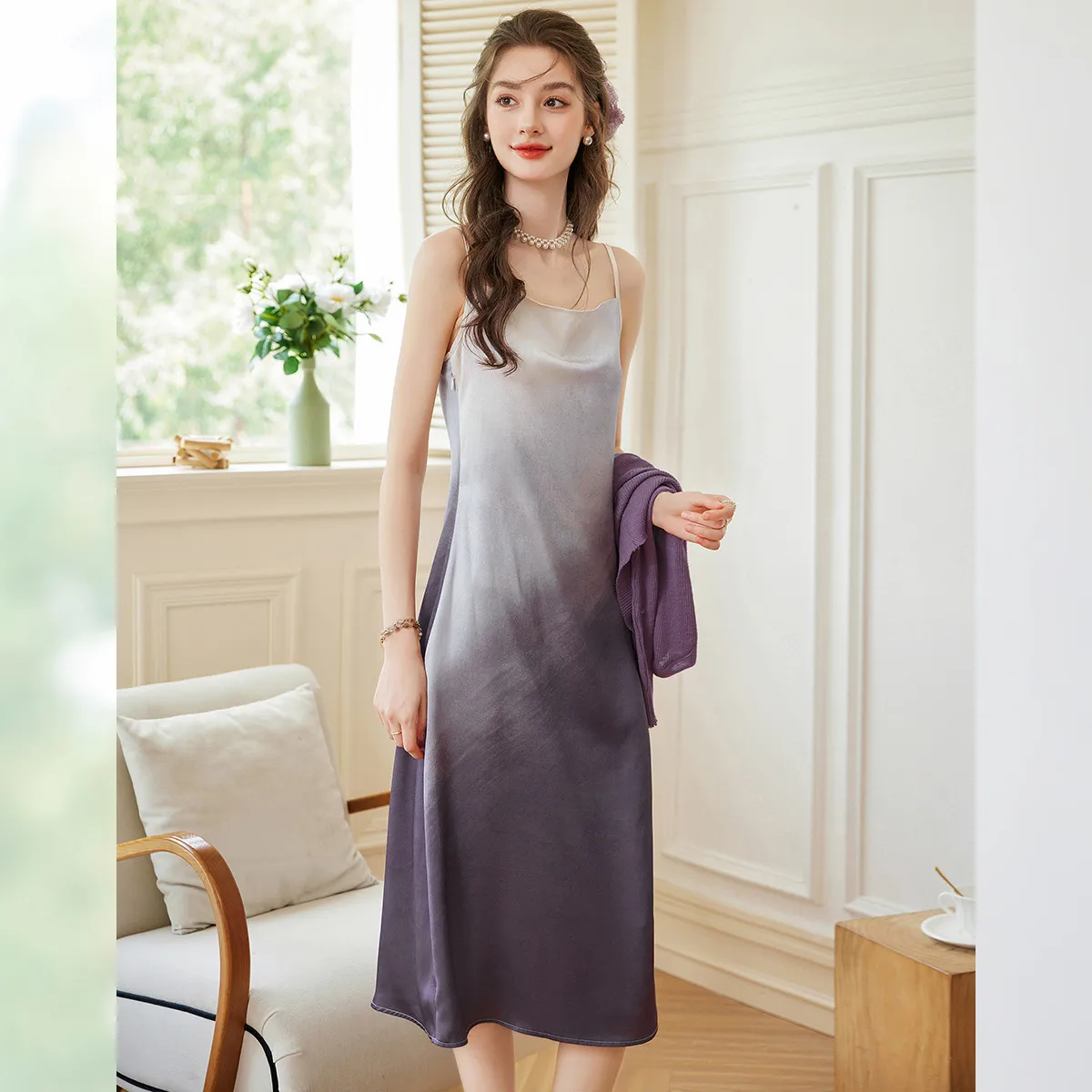 LOUIS YAO グラデーションカラーツーピースセット 2025秋 優しい伸縮性なしキャミソールとニットカーディガン グラデーション レディースセット