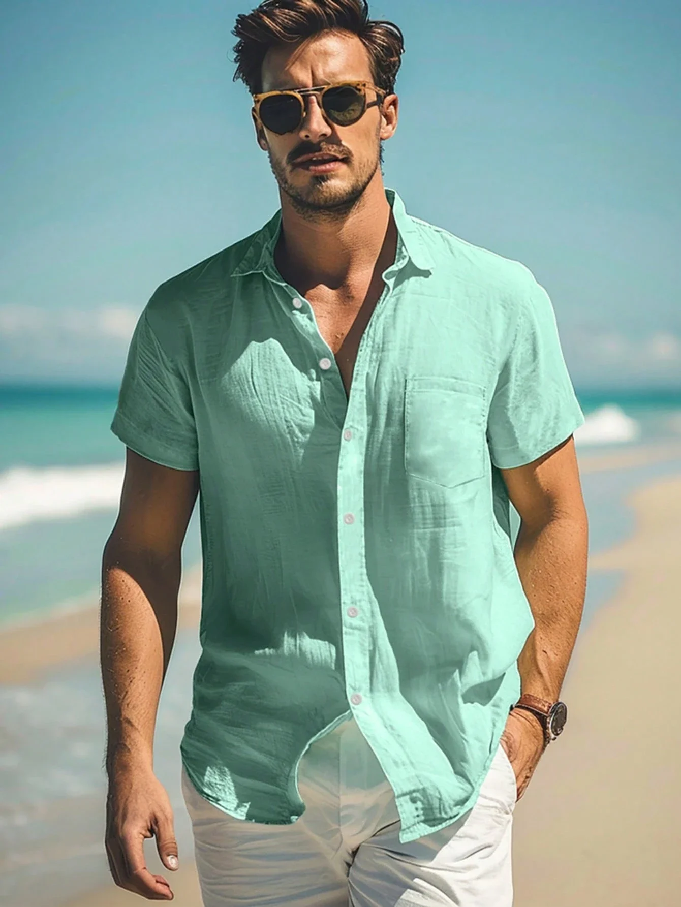 

Men's Mint Green Casual Short Sleeve Shirt Hawaiian Beach Resort Shirt