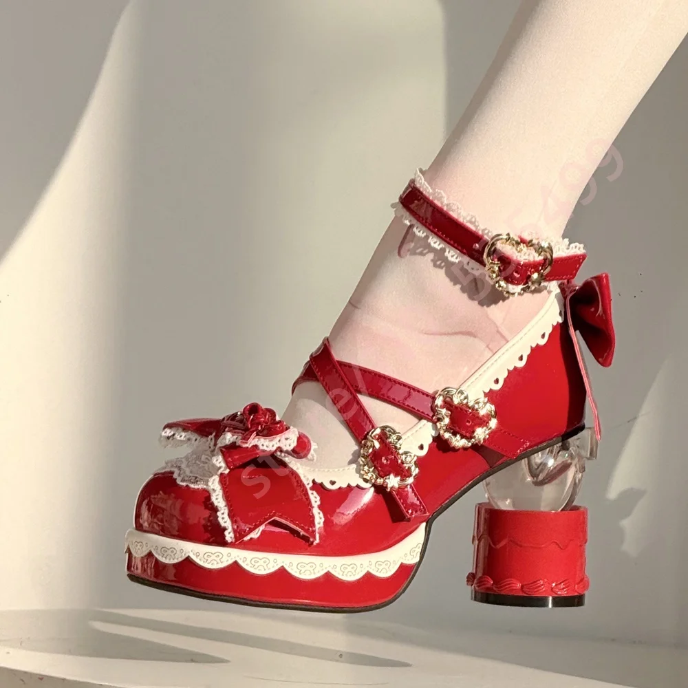 Zapatos Mary Jane Nolita de Charol con Lazo de Encaje, Hebilla de Corazón y Tacón de Bloque de Cristal para Mujer, Novedad de Verano 2026