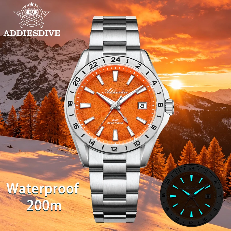 ADDIESDIVE Luxury Swiss Ronda GMT Watch 515-24H Dual Time 200M Waterproof 38mm Stainless Steel BGW9 Super Luminous Watch AD2548