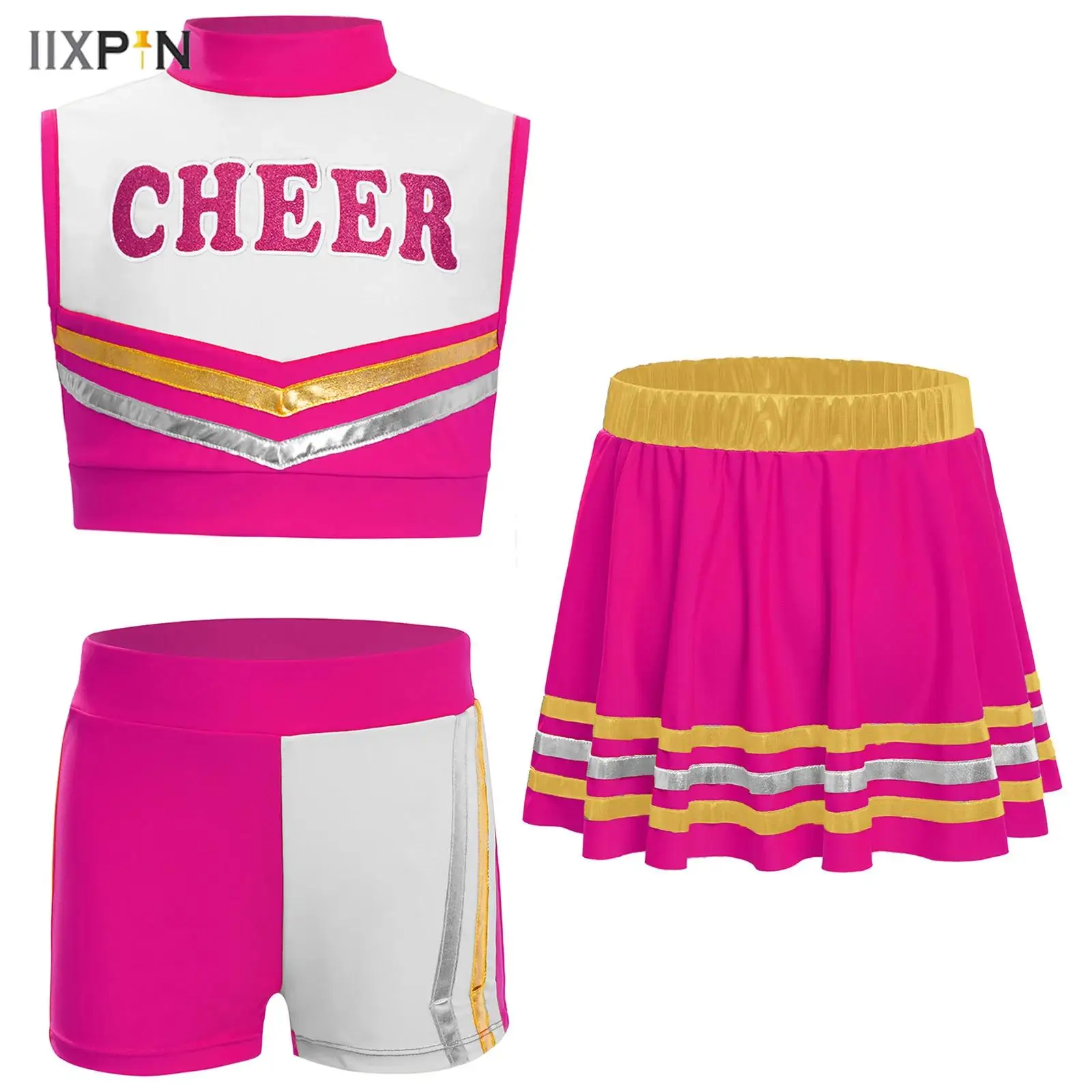 

3Pcs Kids Girls Cheerleading Dance Ouutfit Letters Printed Crop Top+Metallic Striped Skirts/Shorts for Gymnastics Competition