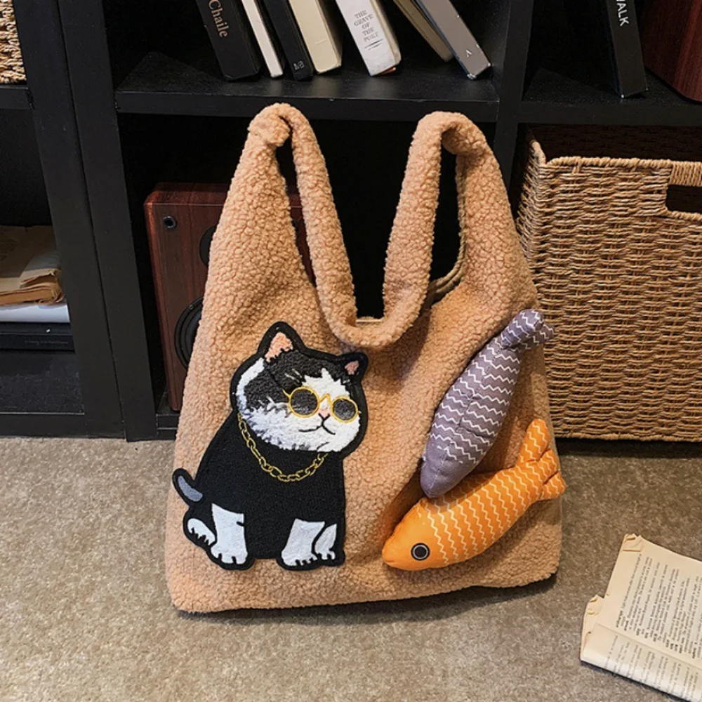 

Модная вместительная сумка через плечо, милая плюшевая сумка-тоут с рисунком рыб и кошек, женская повседневная сумка для работы и учебы