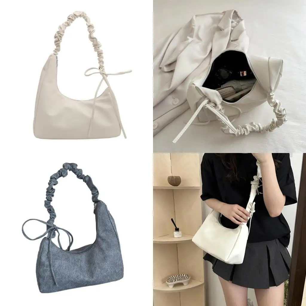 

X90D Women Armpit Bag PU Leather Handbag Pleated Shoulder Bag Aesthetic Crossbody Bag