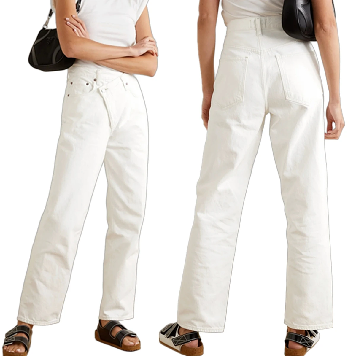 

Jenny&Dave French Minimalist Elegant Cotton White Wide Leg Pants High Waist Asymmetrical Cropped Jeans Straight Jeans For Women