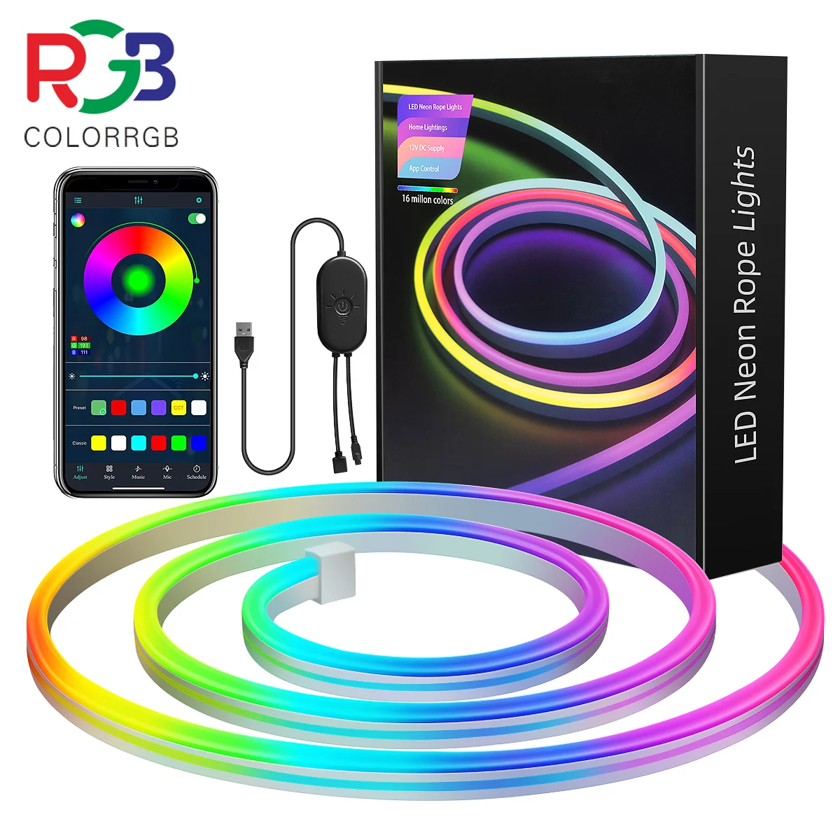 Led Neon RGB Rope Light - 10M RGB Flexible Lights Strip Gaming Light Music Sync Neon Strip Lights DIY Design App Control Neon