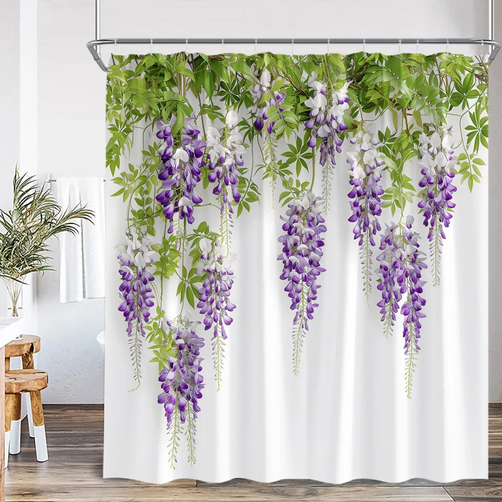 Purple Flower Floral Shower Curtain Wisteria Lavender Blue Blossom Flowers Green Leaf Butterfly Polyester Bath Curtain Decor