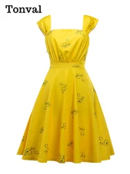 Tonval Vintage Yellow Cute Floral Print Dresses Casual Summer Women Cap Sleeve Square Collar Backless Elegant Skater Dress