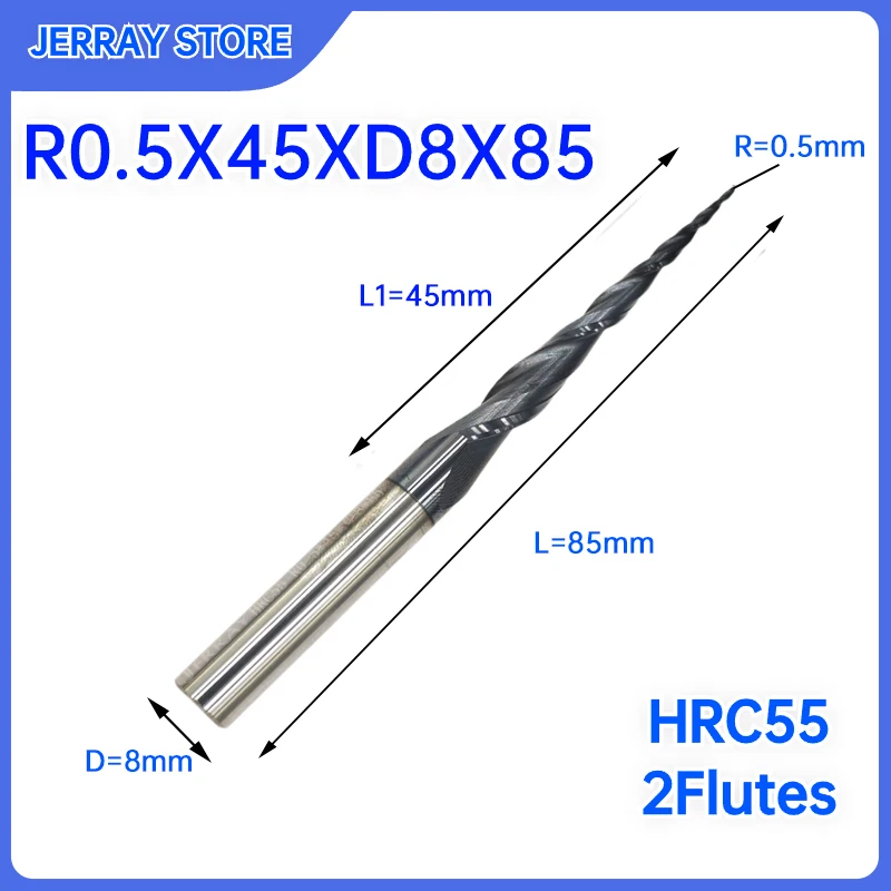 

R0.5X45XD8X85 HRC55 2Flutes Tungsten solid carbide Tapered Ball Nose End Mills Wood working CNC 2D 3D Carving Bits Milling cu