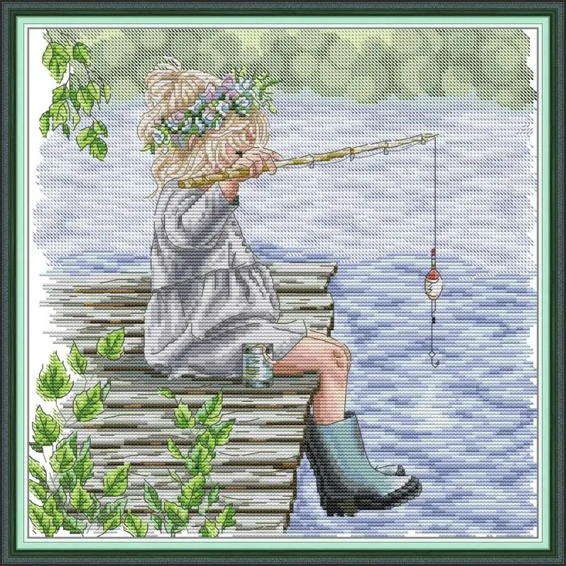 

Myder Full Cross Stitch Kit, 11CT/14CT/16CT/9CT id Fbric,DMC Threds Sewing Pttern Embroidery Set-Little girl fishing