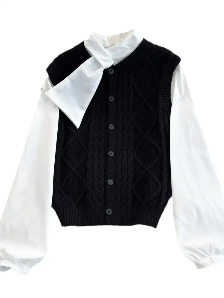 

Loose Casual Knitted Sweater Women's Spring Autumn Faion Design Patchwork Stand Collar Long Sve Thiened Regular Fit Top