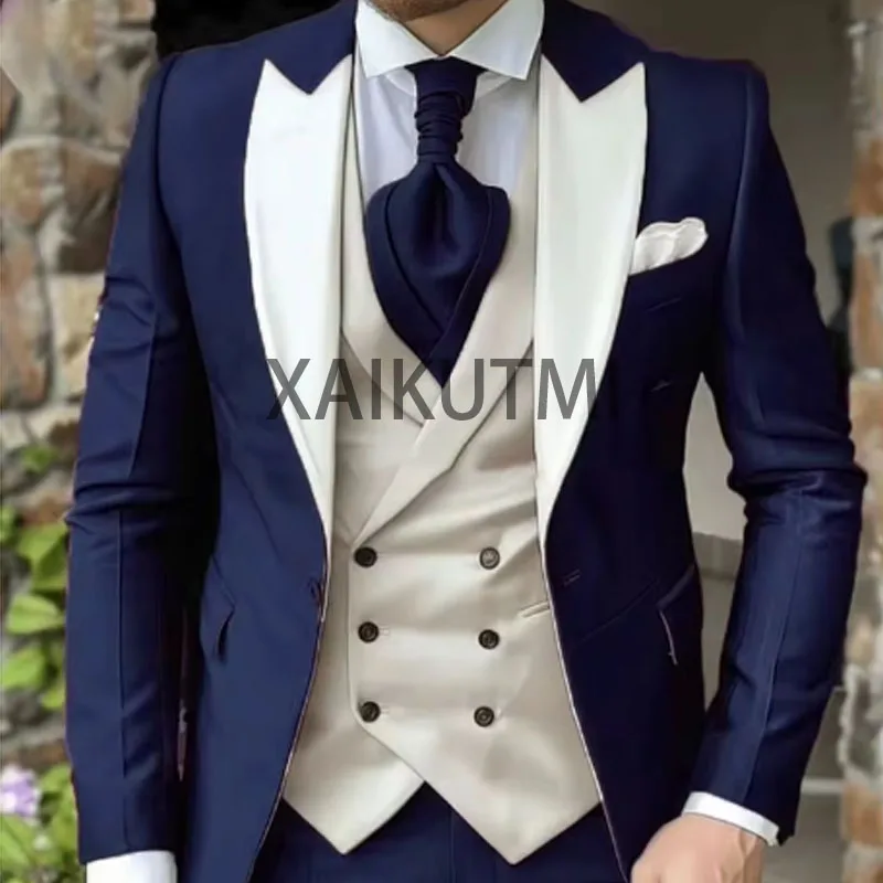 Elegant Wedding 3 Piece Jacket Pants Vest Full Set Luxury Single Breasted Peak Lapel Purple Male Clothing Men's Suits Blazer