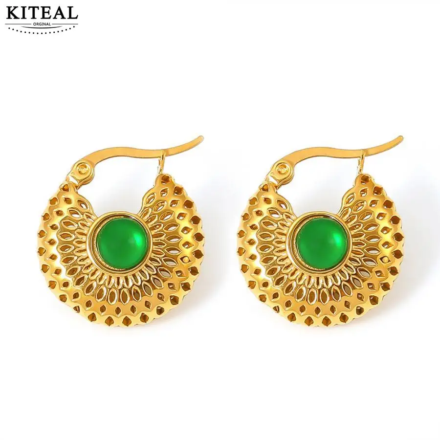 KITEAL Hot sale! Gold Plated Maiden clip earrings Green glass light luxury hollow earrings women earing prices in euros