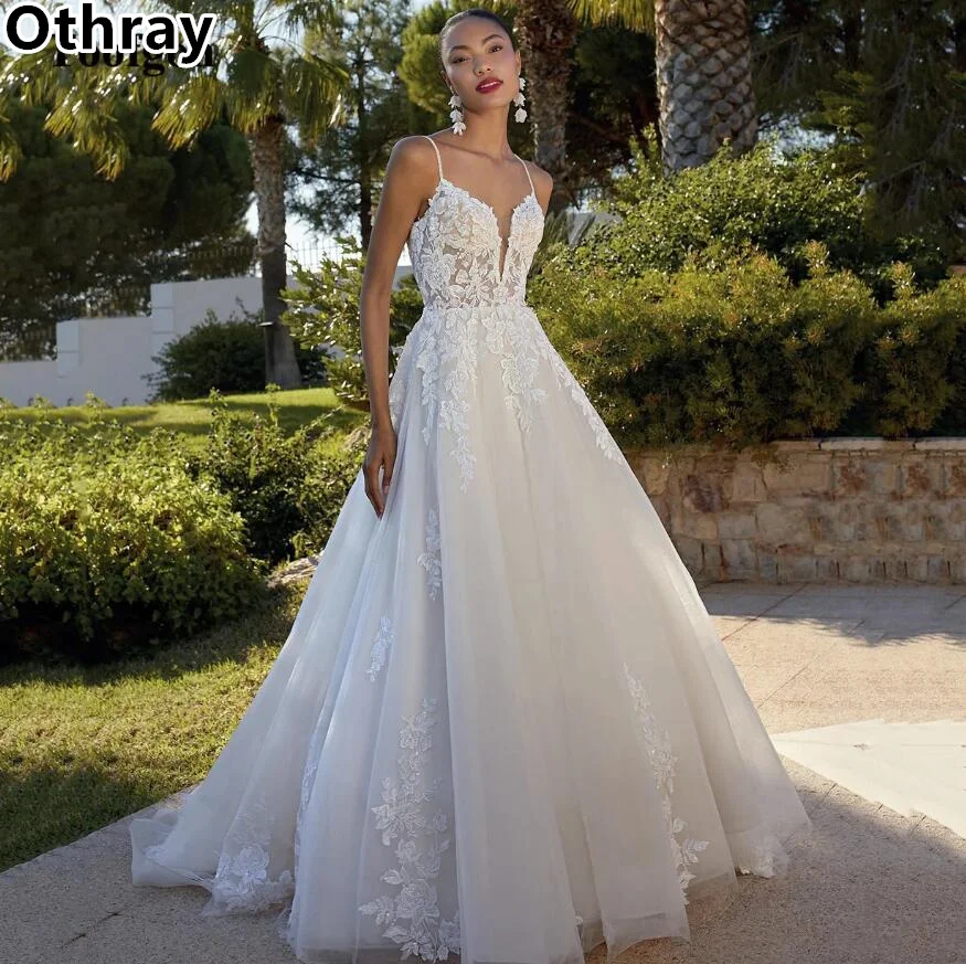 

Othray Lace Wedding Dress A Line Spaghetti Strapless Backless Bridal Gowns Sleeveless Sweep Train Vintage vestido de noiva