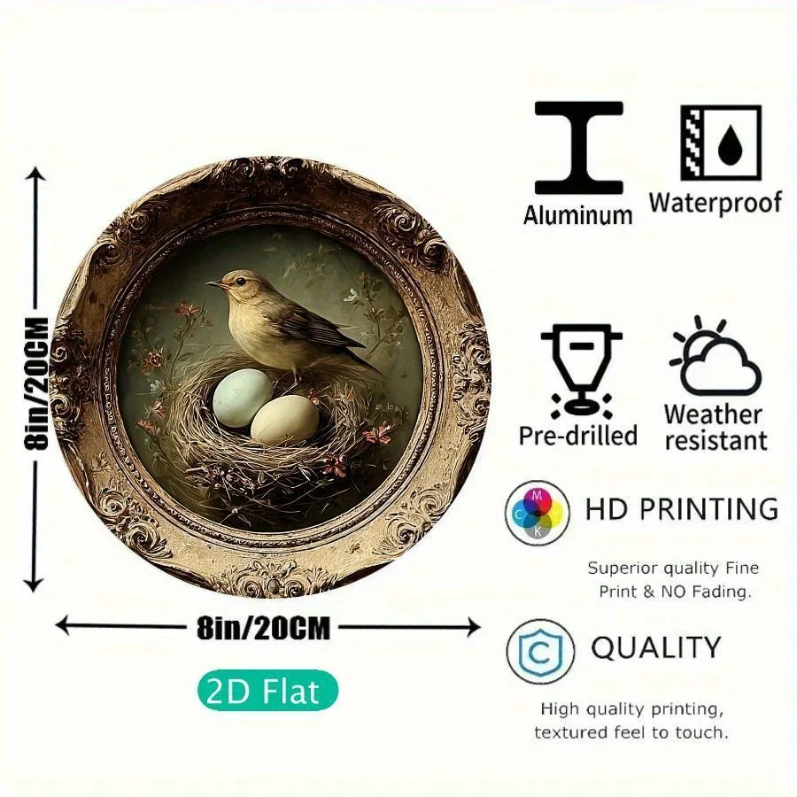 2D Flat Retro Round Metal Plaque Vintage Carved Frame Bird Nest Eggs Wild Nature Rustic Cottage Home Wall Decoration Sign