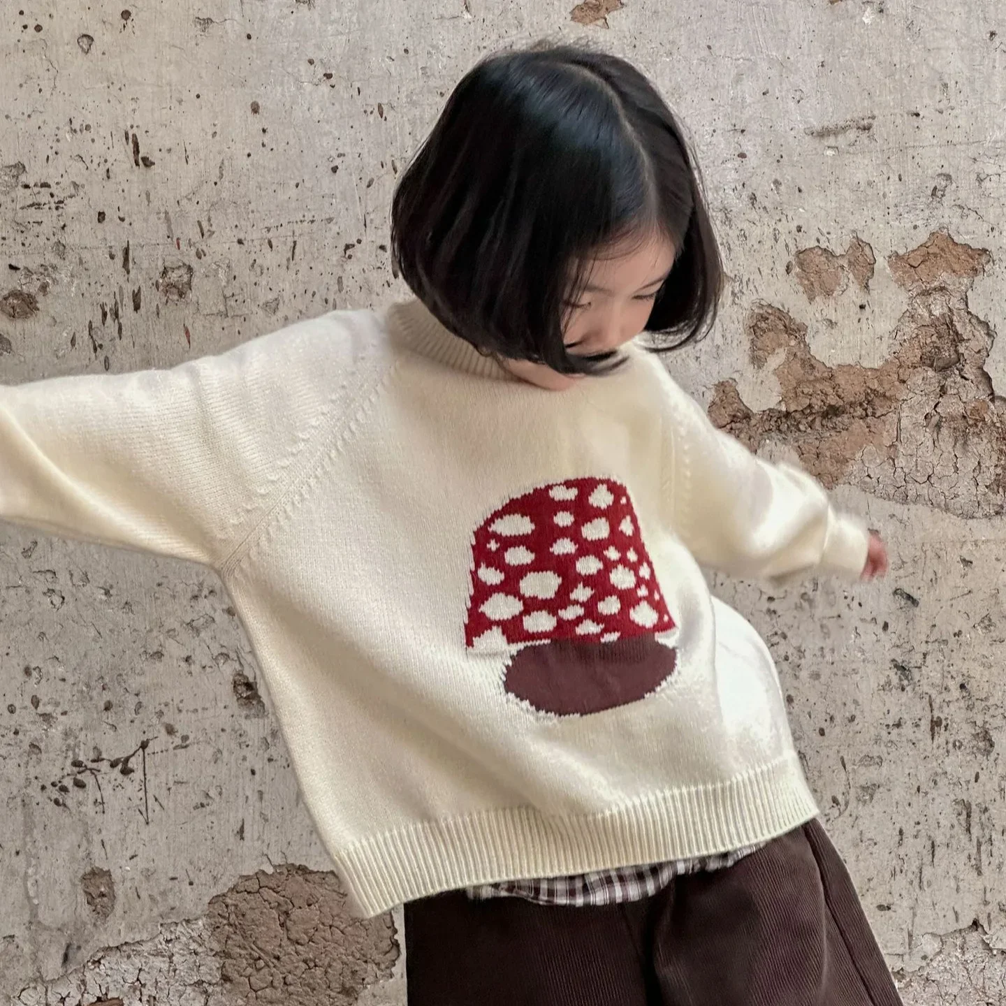 Girls Sweater 2024 Winter New Childrens Clothes Korean Baby Girl Foreign Style Cute Mushroom Pullover Sweater Simple Daily