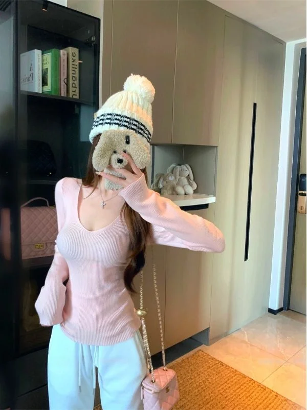 

Новый корейский вязаный свитер 2025 года, розовый, с V-образным вырезом, женский, приталенный, удлиненный, базовый, для ношения под одеждой, осенне-зимний топ