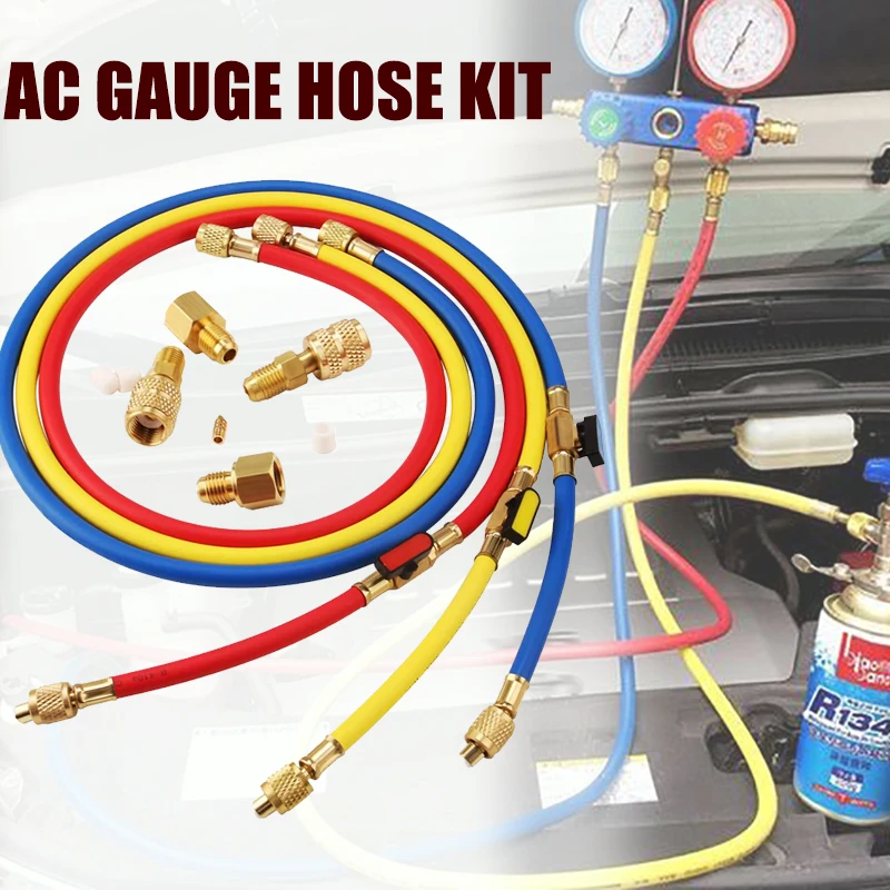 Kit de manguera de calibre de colector HVAC de 3 piezas de 5 pies con manguera de tensión de válvula de bola para refrigerantes R134a R410a R404a R12 R22 R502 R1234YF