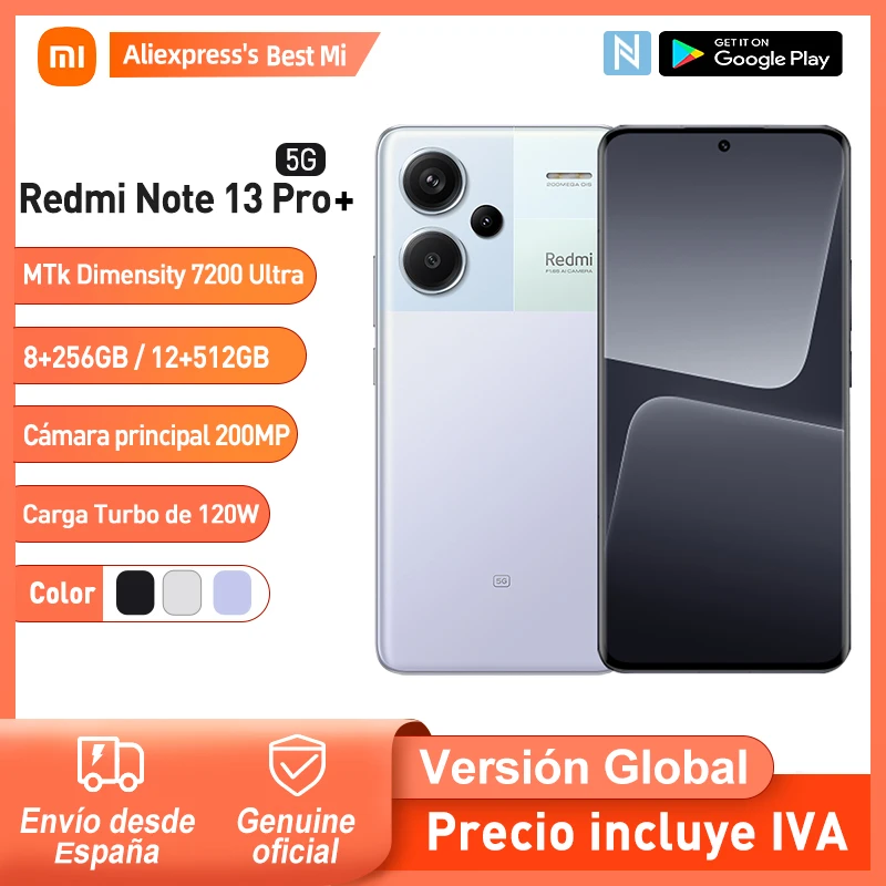 Xiaomi Redmi Note 13 Pro Plus 5G European Version 12+512GB MediaTek Dimensity 7200-Ultra Pantalla de 6,67 ''3D-Curved 1,5K 120Hz ,HyperCharge de 120W Cámara de 200MP NFC