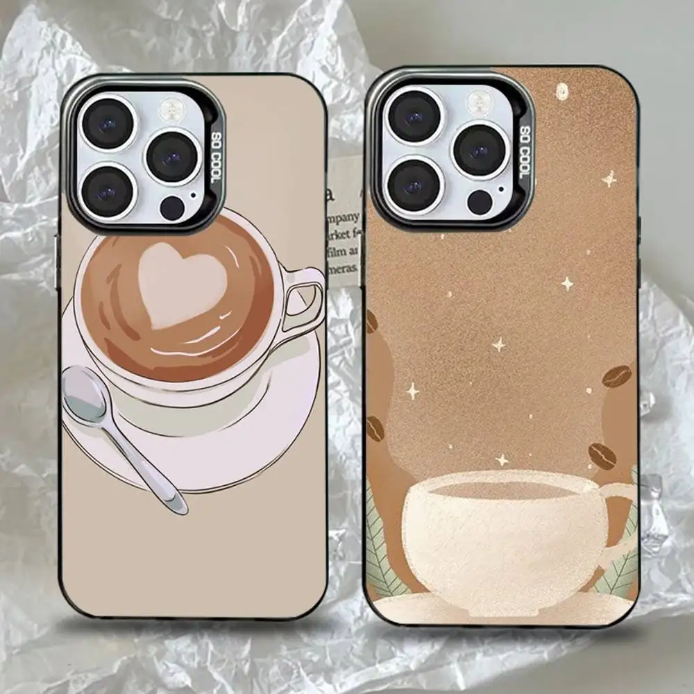 

Cartoon Coffee Phone Case For iPhone 16,15,14,13,12,11,Pro,Max,Plus,Mini,XS,SE Anti Fall Black Matte Hard Bumper