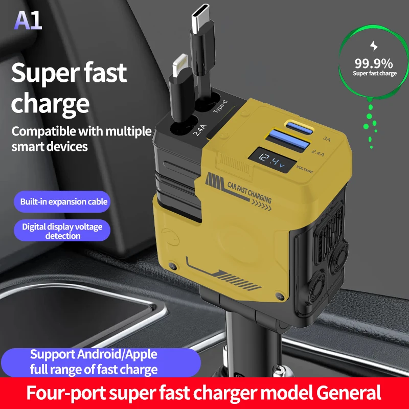 

Выдвижное автомобильное зарядное устройство 4 в 1, 120 Вт: Сверхбыстрая Зарядка для iPhone, Samsung и других устройств | Адаптер прикуривателя | USB Type-C