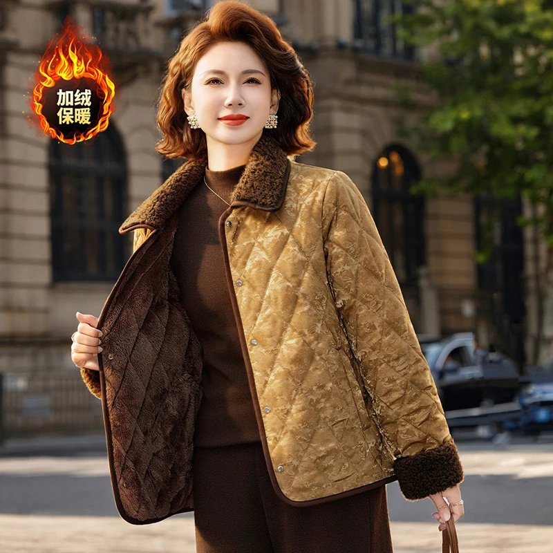 

Mother Winter Cotton Clothes Plush Thick Warm Padded Coat Middle Aged Mother Casual Parkas