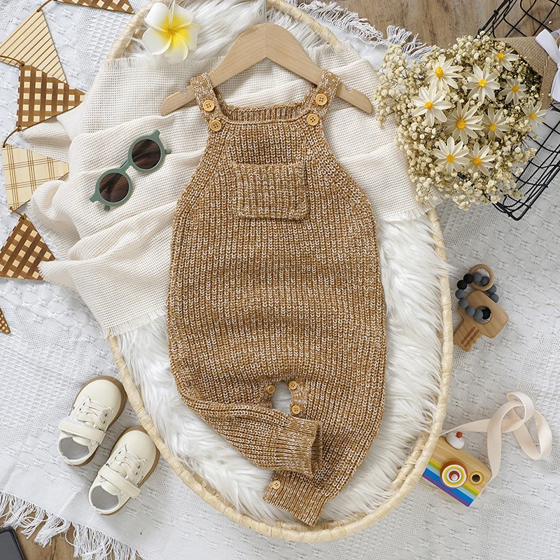 Newborn Baby Rompers Clothes Spring Autumn Winter Solid Brown Sleeveless One Piece Knitted Infant Kids Boys Girls Jumpsuits Wear