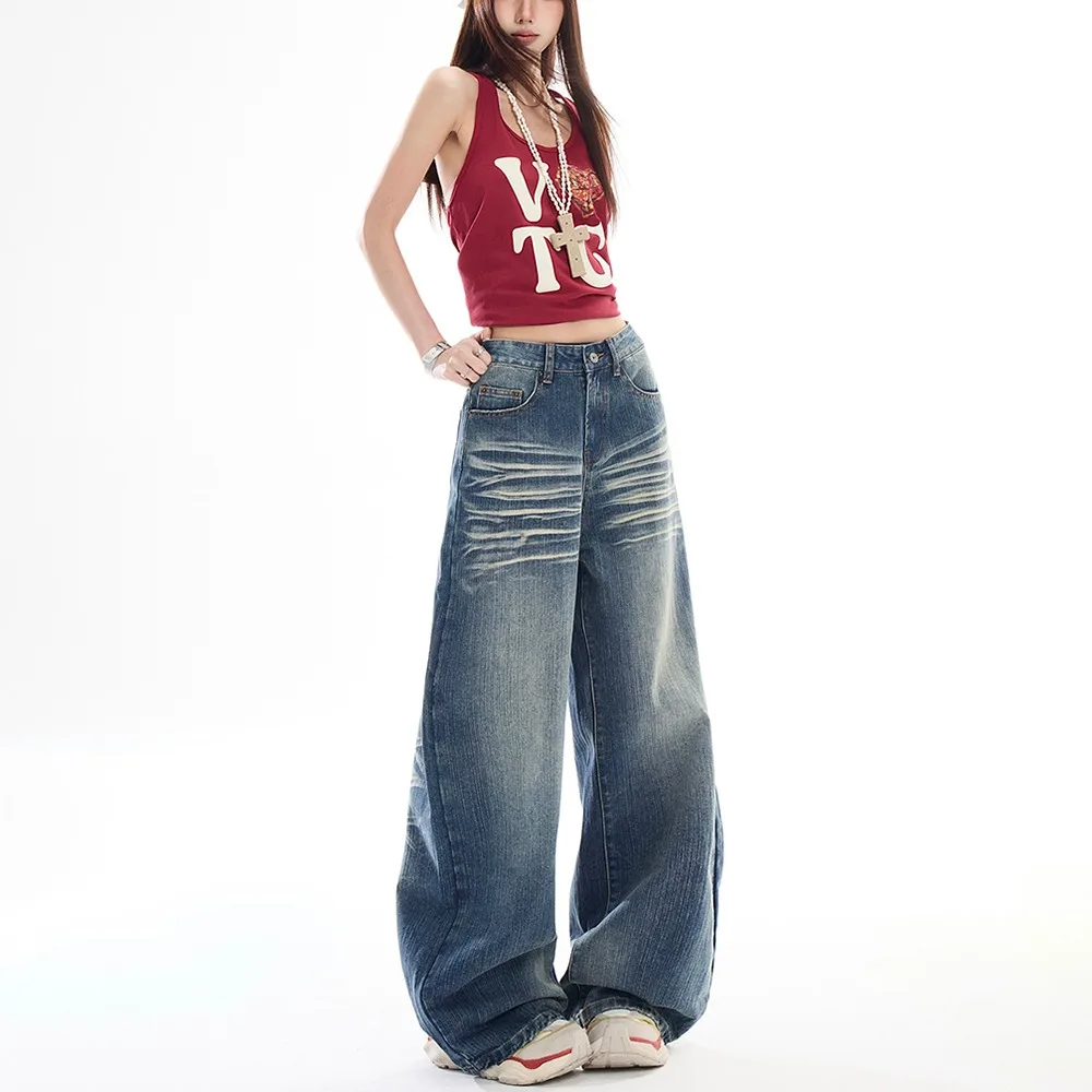Mr. WH American Retro Faded Wide Leg Denim Jeans Women's Loose Slimming Concealing Straight Leg High Waist Cotton Polyester