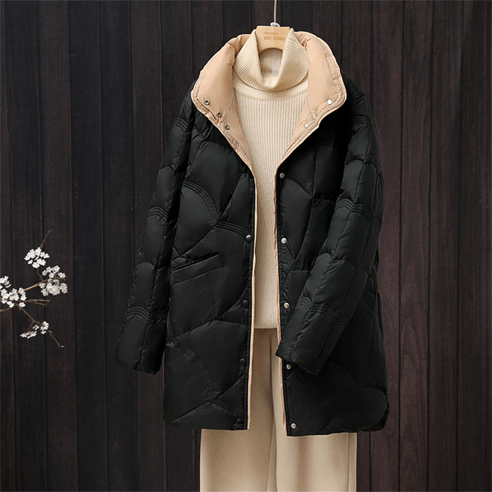 Autumn Winter New Lightweight Down Coat Women's Mid-length Loose Stand-up Collar Down Jackets Warmth Korean Fashion Coats Gift