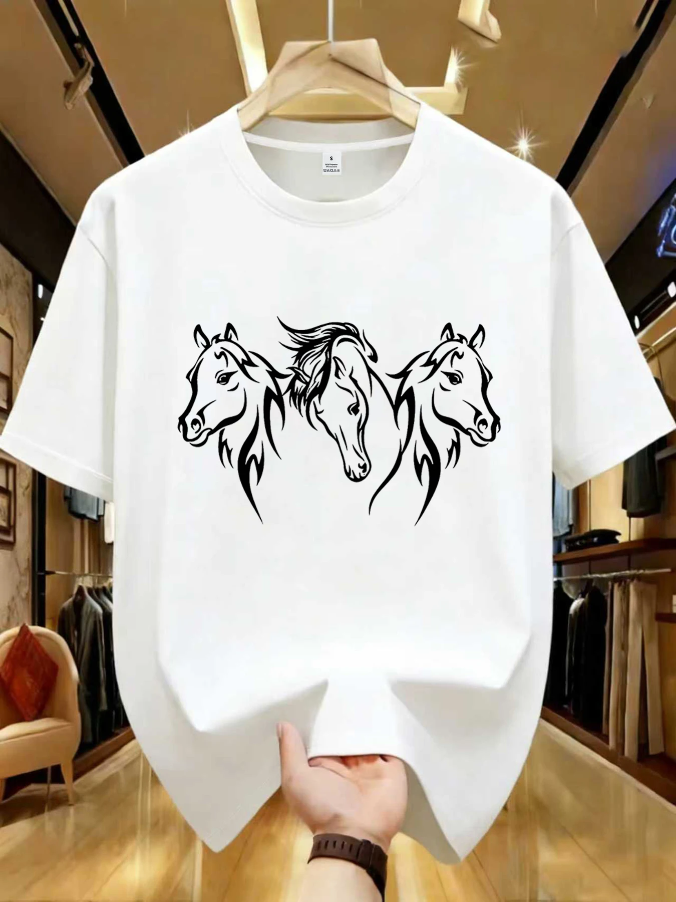 【WZM1064】Three Horses Tribal Line Art Graphic Women's Printed Crew Neck T-Shirt Summer Casual Short Sleeve Top Street Style