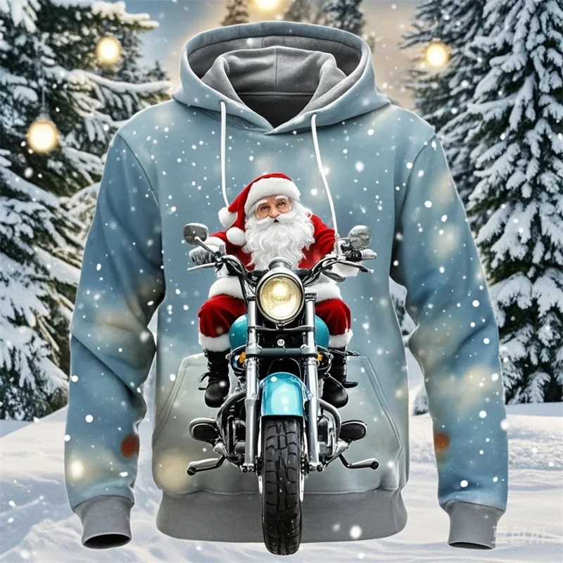 3D Print Funny Santa Claus Riding Motorcycle Graphic Hoodies For Men Long Sleeve Plus Size Pullovers Sweatshirt Hoody Tracksuit